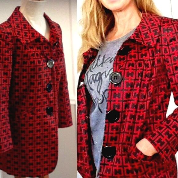 H Geometric Pattern Long Jacket Sz S Spring Fall Black Red Pattern Sophisticated - Picture 2 of 10